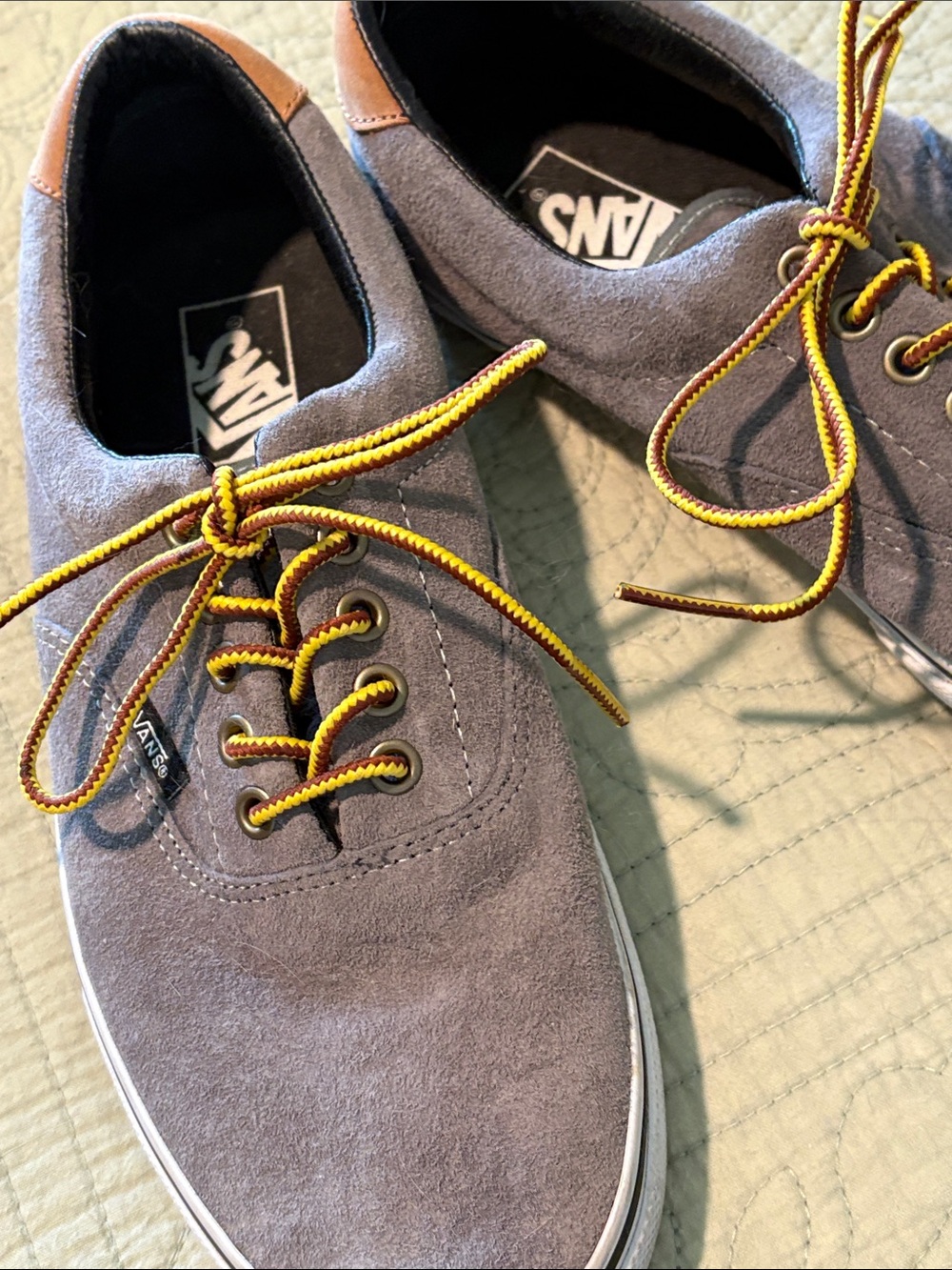 Vans Men's Gray Suede Sneakers with Tan Heel and Yellow Accent Laces